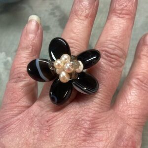 Banded Agate Pearl Floral Adjustable Ring Hand Crafted